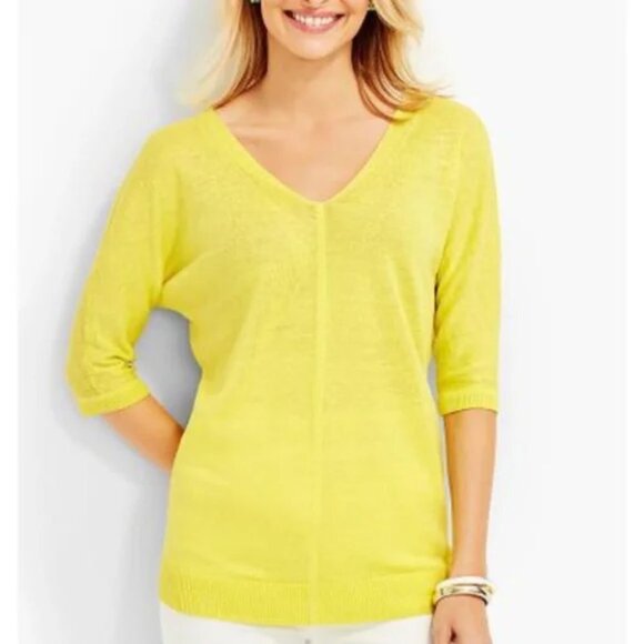 Talbots Tops - NWT Talbots Yellow Knit Linen Top Double V-Neck 3/4 Dolman Sleeve Size Small